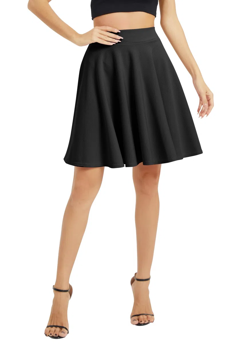 Damen Elegante Elastische Taille Ausgestellte A-Linie Midi Rock Basic Uniform Plissee Skater Röcke
