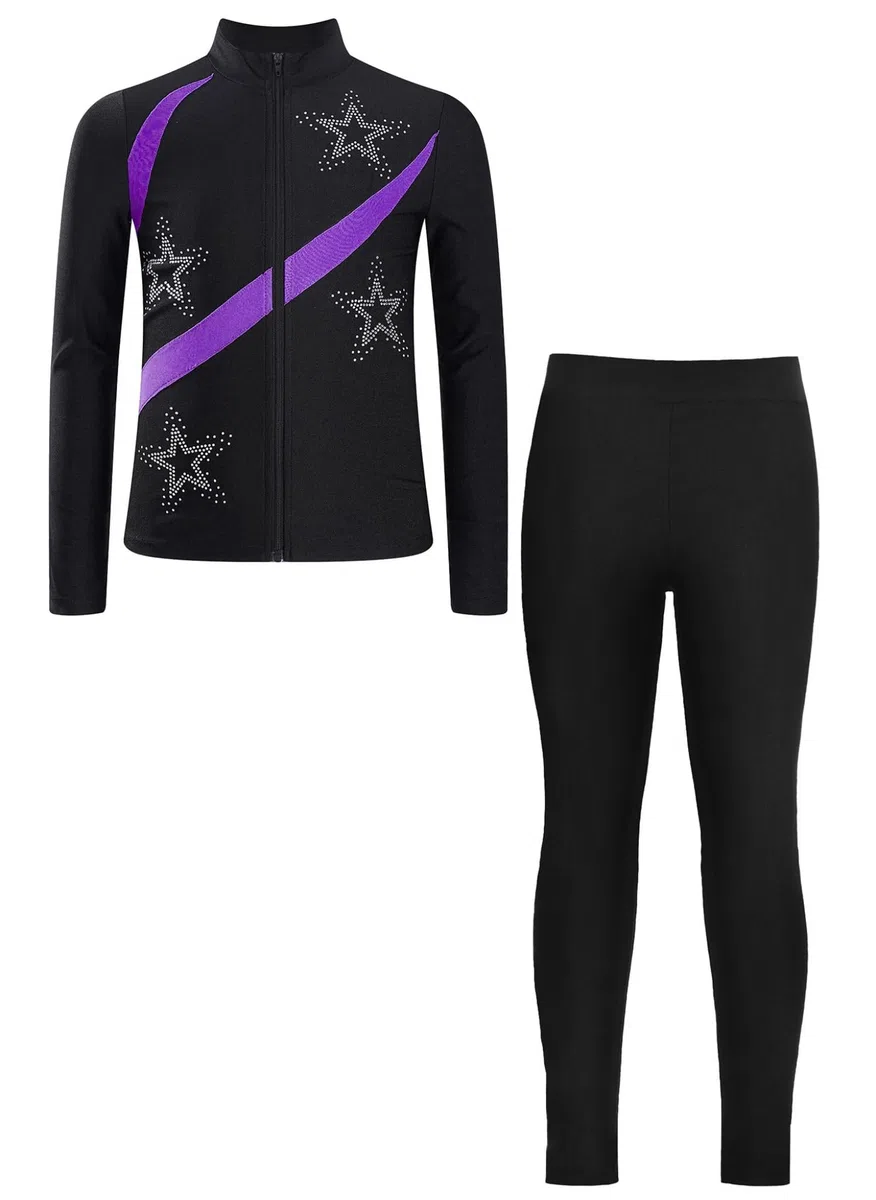 Mädchen Sport Set Eiskunstlauf Anzug Glitzer Jacke + Eislaufhose Leggings Trainingsanzug Sportanzug Tanzanzug