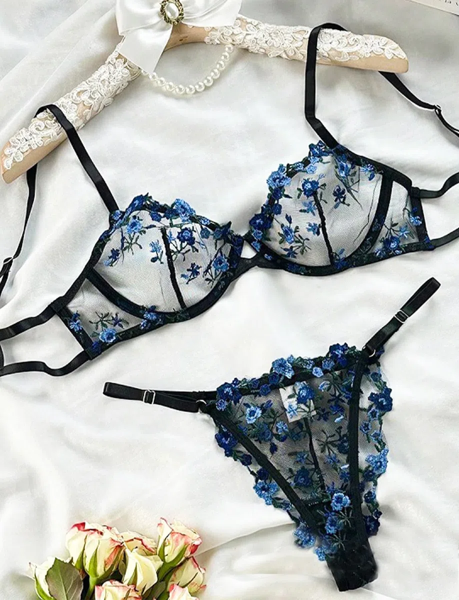 AIEOE Damen Dessous Set Spitze Teddy BH Spitze Floral mit Unterhose für Reizwäsche BH Unterhose Blumen Bestickt Träger Unterwäsche 2 Teilig Lingerie Aaus Spitze Negligee Verstellbar Outfit - XS-L