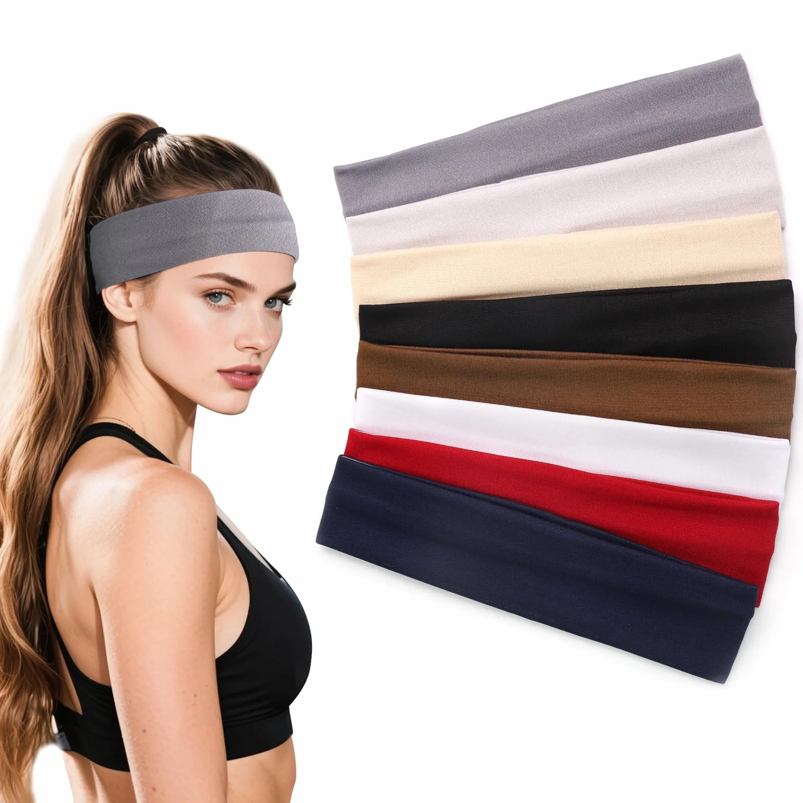 8 Stück Haarband Damen, Stirnband Sport, Schweißband Stirn, Elastische Haarbänder, Breites Haarband, Unisex Anti-Rutsch Stirnband für Laufen, Radfahren, Yoga und Fitness