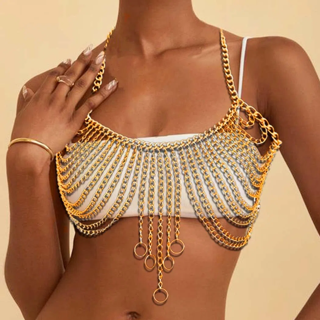 Sexy Körperkette BH Gold Quaste Brustketten Körperzubehör Rave Kette Strand Bikini Körperkette Schmuck für Frauen und Mädchen