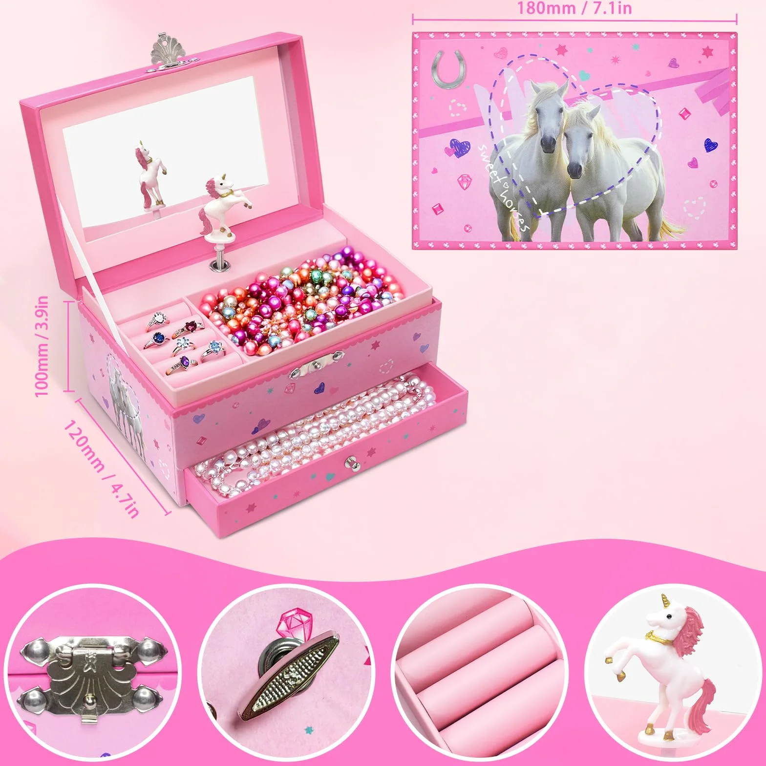 GINMLYDA Pferd Schmuckkästchen für Mädchen, Kinderspieluhr mit Drehendem Einhorn & Schublade Kinder Schmuckschatulle mit Spiegel Musik Spieluhr 18 x 12 x 10 cm Geschenke für Kleine Mädchen Alter 3-10