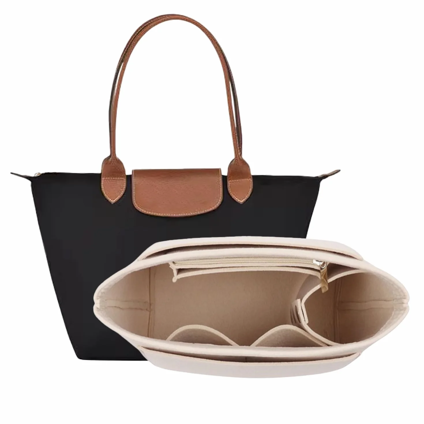 D.DUO Tascheneinsatz-Organizer, Geldbörsenzubehör,Passend Für Longchamp Tragetasche mit langem Griff (Beige,L(langer Griff))