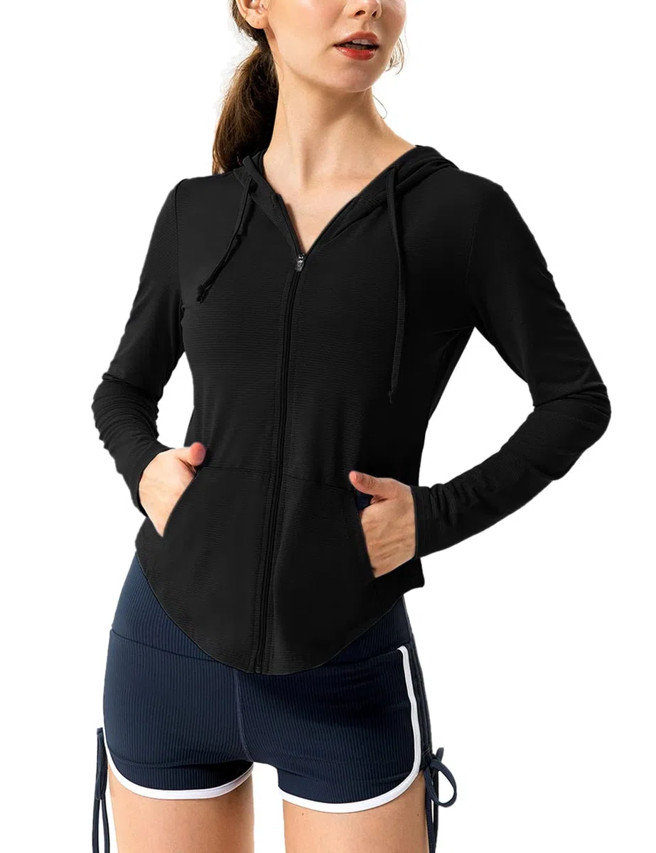 Damen Lange Ärmel UPF 50+ Sonnenschutz Jacke Mit Kapuze Fitness-Shirt mit Taschen YogaDurchgehender Reißverschluss Sportlich