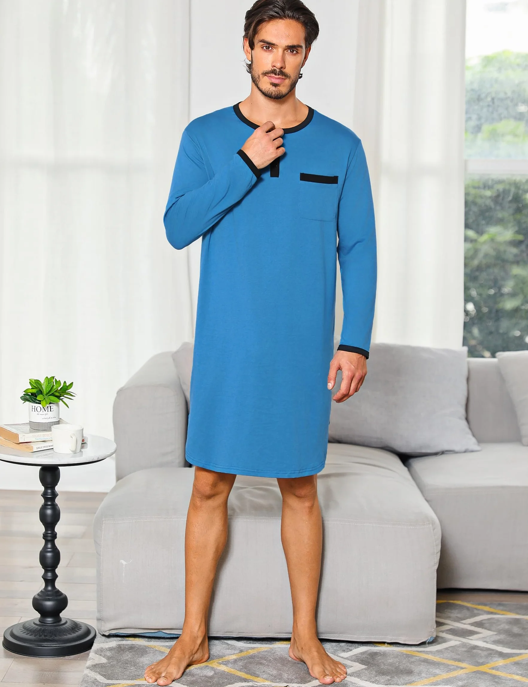 Uniexcosm Nachthemd Herren Langarm Einteiler Schlafshirt Rundhals Einteiliger Schlafanzugoberteile Pyjama Tops Bequem Nachtwäsche Sleepshirt mit Knopfleiste und Brusttasche