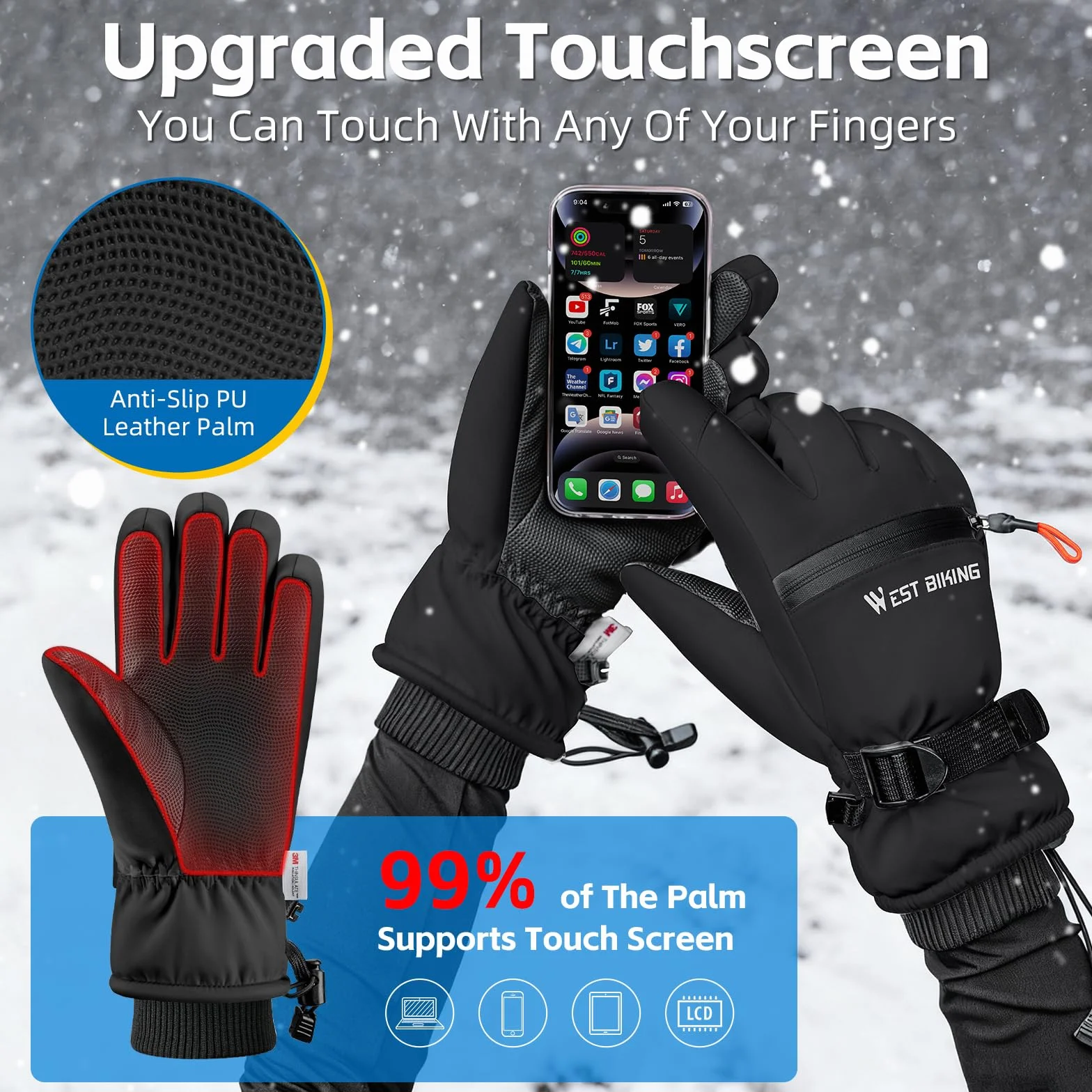 Winterhandschuhe Wasserdicht 3M Thinsulate Warme Touchscreen Skihandschuhe für Herren Damen, Fahrradhandschuhe,Winddicht Handschuhe für Ski,Wandern,Radfahren,Snowboarden