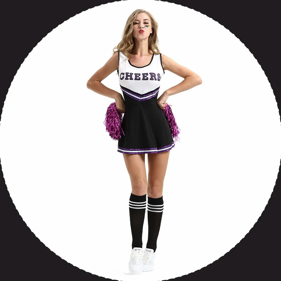 PASLFC Cheerleader Kostüm Damen für Erwachsene,Cheerleading outfit,Cheerleadering Outfit,High school musical cheerleader kostüm,Cheerleader Pompoms für Karneval Party Cosplay Fasching Halloween