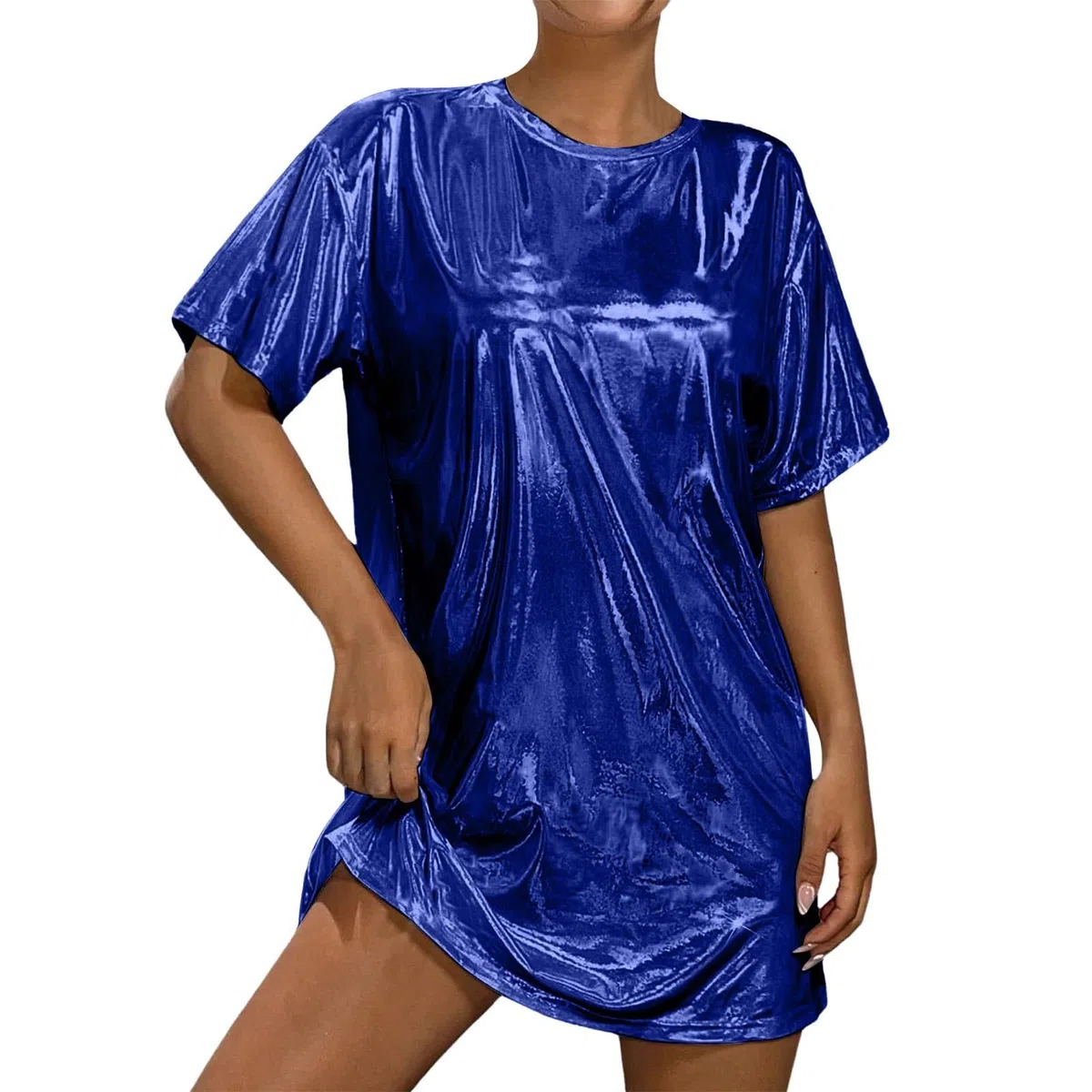 Damen Metallic Kleid Lose Kurzarm Rundhals Party Top T-Shirt Kleid