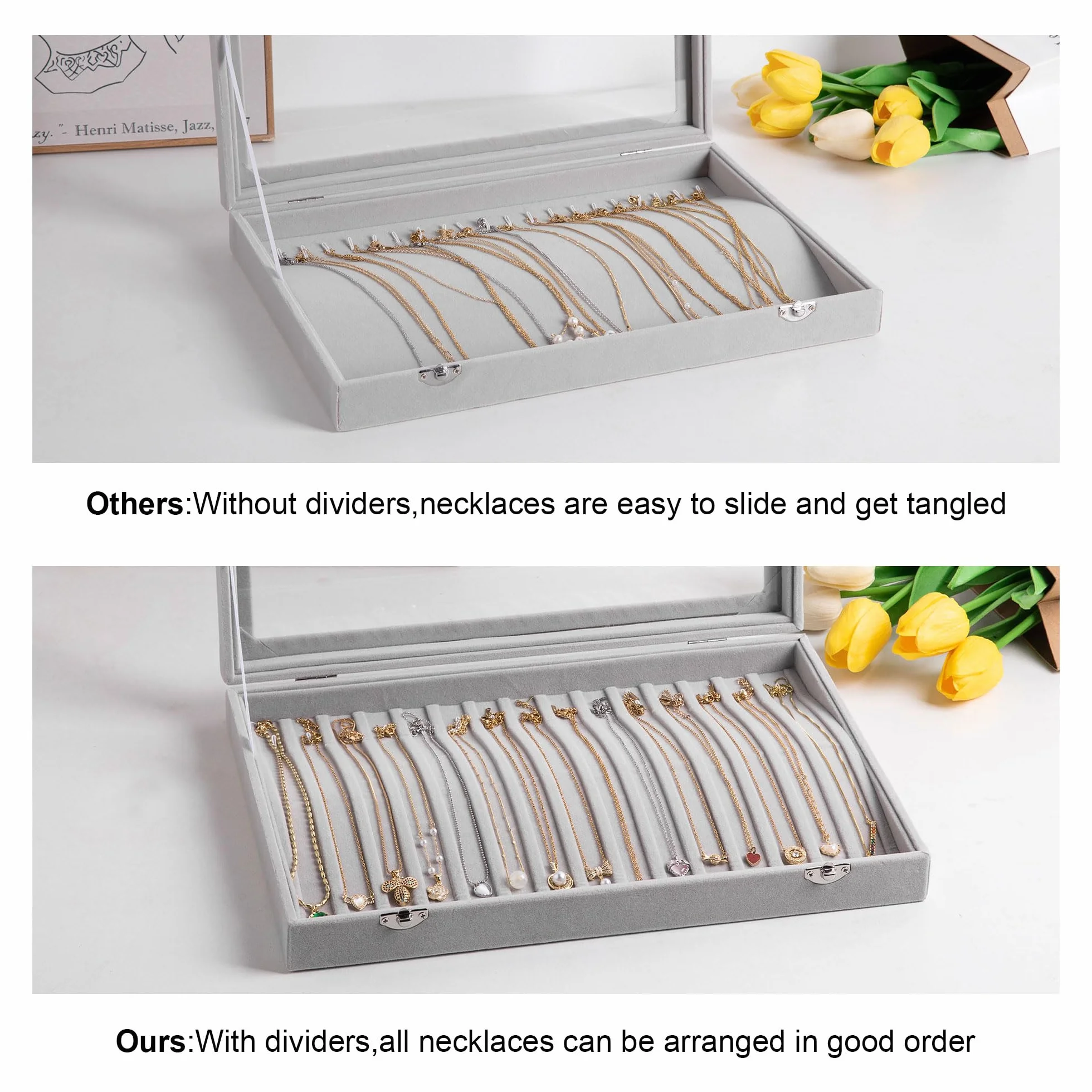 Frebeauty 15 Haken Halskette Tablett Samt Hals Organizer mit klarem Deckel abschließbare Halter Box Schmuck Organizer für Anhänger Ketten Jeweley Tablett für Frauen Mädch（Grau