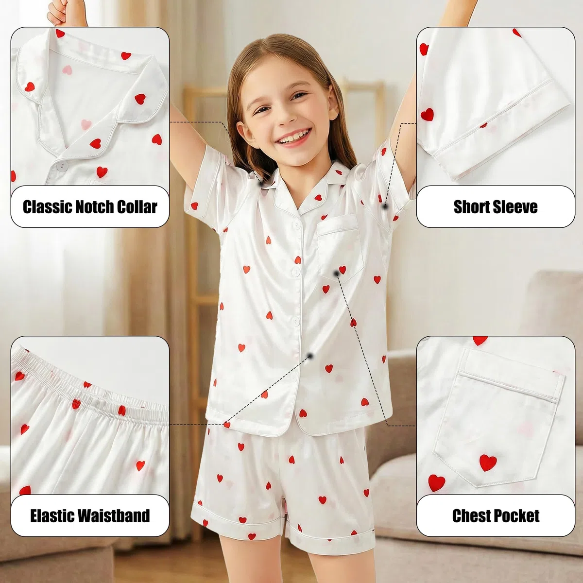 Mädchen Jungen Satin Schlafanzug-Set Kinder Kurz Oberteil und Elastischer Bund Hosen 2-Teilig Nachtwäsche Weich Leicht Knopfleiste Pyjama Alltag Loungekleidung für Alter 8–13