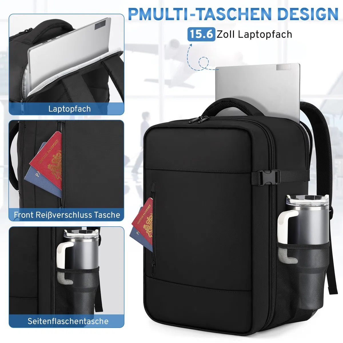 ZOMFELT Ryanair Handgepäck 40x30x20 Handgepäck Rucksack, 24L Reiserucksack Handgepäck Flugzeug für Flugzeug, Wasserdichter Laptoprucksack für 15.6 Zoll Laptop Herren Damen Schwarz