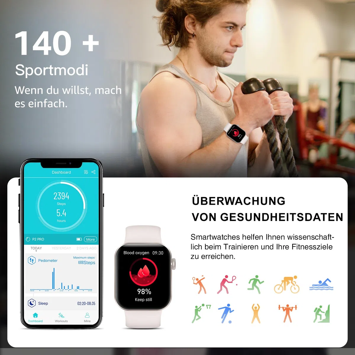 Smartwatch Damen Herren, 1,85" HD-Display Smart Watch mit Telefonfunktion, 140+ Sportmodi Fitness Tracker mit Schrittzähler, Geschenk Valentinstag für ihn sie,IP68 Wasserdicht für iOS Android