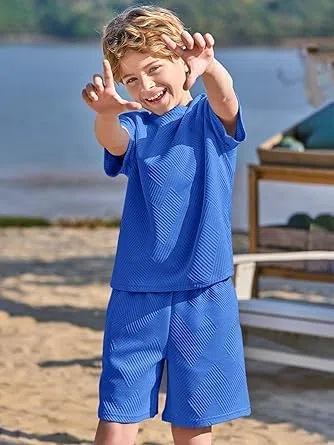 Haloumoning Jungen Bekleidungssets Sommer Einfarbig Kurzarm T-Shirt mit Elastisch Shorts Lässig Kleidung Sets mit Struktur