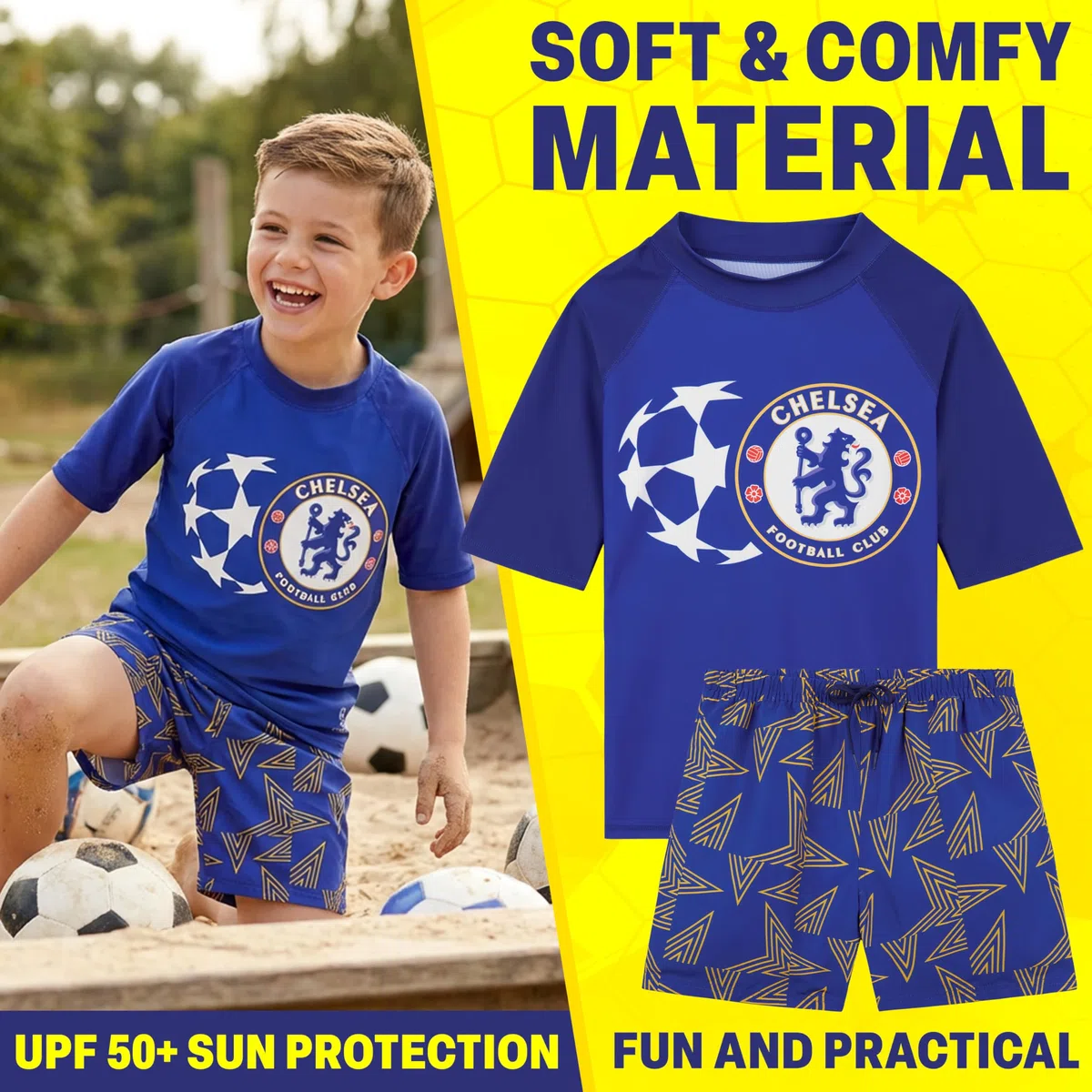 Chelsea FC Badeanzug Set Jungen Teenager 5-14 Jahre, Kurzarm Badehose und Rashguard, UPF 50+ Bademode für Strand Pool Urlaub, Fußball Geschenke