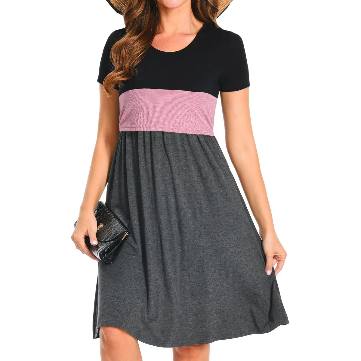 Bearsland Women’s Short Sleeve Nursing Dress Patchwork Breastfeeding Dress with Pocket