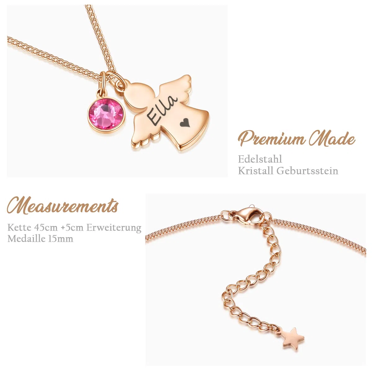 Personalisierte Kette mit Schutzengel und Geburtsstein in Silber und Rosegold | Taufgeschenke für Mädchen zu Kommunion Konfirmation Einschulung | Namenskette Personalisiert mit Gravur