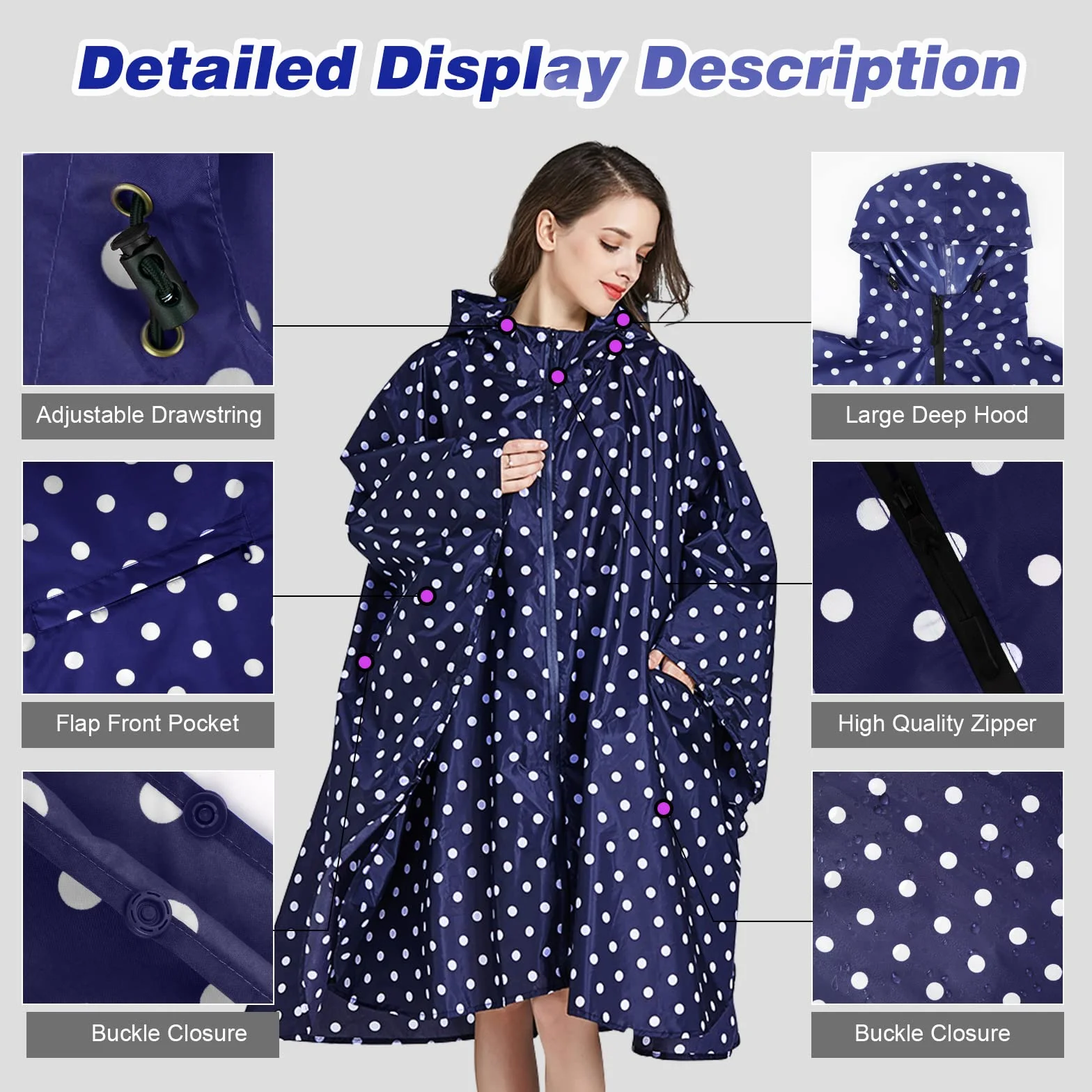SOPPY Regenmantel für Frauen, Langer Regenponcho wasserdichte Regenbekleidung Regenjacke Winddichte Regencape Raincoat Regenschutzbekleidung mit Pattentasche Kapuze Tunnelzug