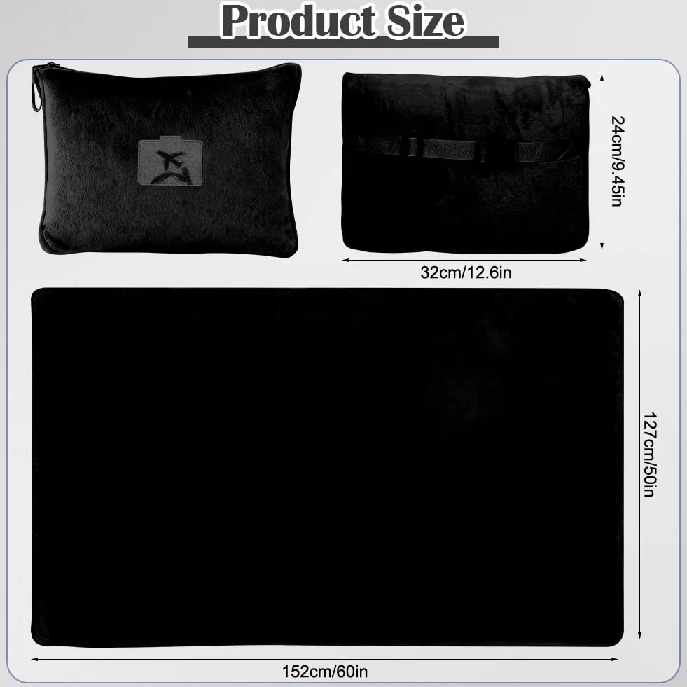 Weiche & Warme Reisedecke für Flugzeug & Auto, Reisedecke Kissen 2 in 1, 152 x 127 cm Weiche Flugzeugdecke, Ultraleichte Kuscheldecke Kompakte Decke für Flugzeug, Auto, Büro, Zuhause (Schwarz)