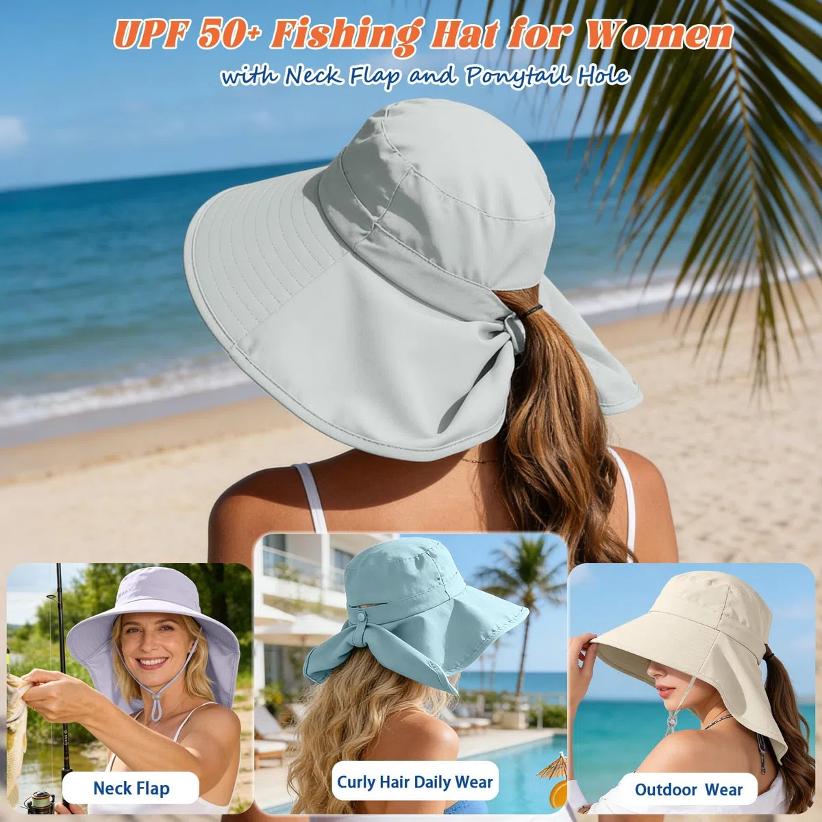Sonnenhut Damen UV Schutz Sommerhut mit Nackenschutz Fischerhut Breiter Krempe für Frauen Gärtner Hut,Outdoor Hut,Safari Hut Wanderhut