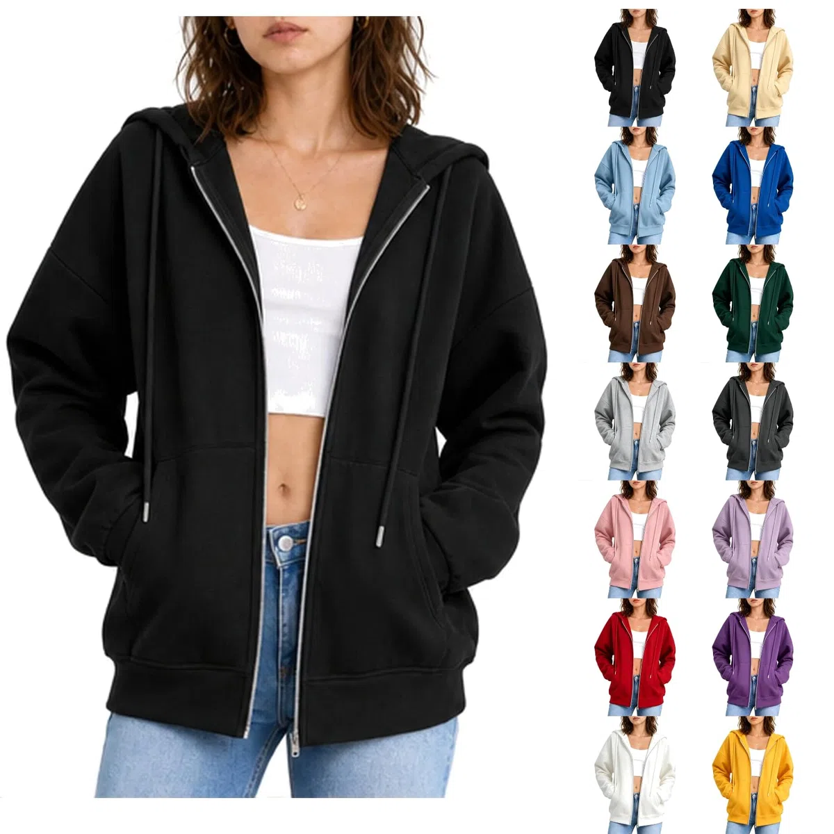 Damen Sweatjacke mit Kapuze und Zipper, Kapuzenjacke Hoodie Oversize Sweatshirt für Frauen Langarm Kordelzug Taschen Locker Bequem Weich Basic Casual Freizeit Sport Streetwear Herbst Übergang