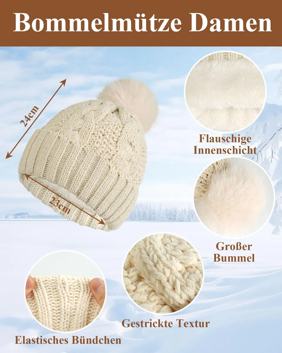 ILovDaisy Mütze, Schal & Handschuh-Sets für Damen Winter, Beanie Gestrickte Wintermütze mit Bommel, Thermo Winterhandschuhe Touchscreen, Warme Kuschelige Schal Winterset