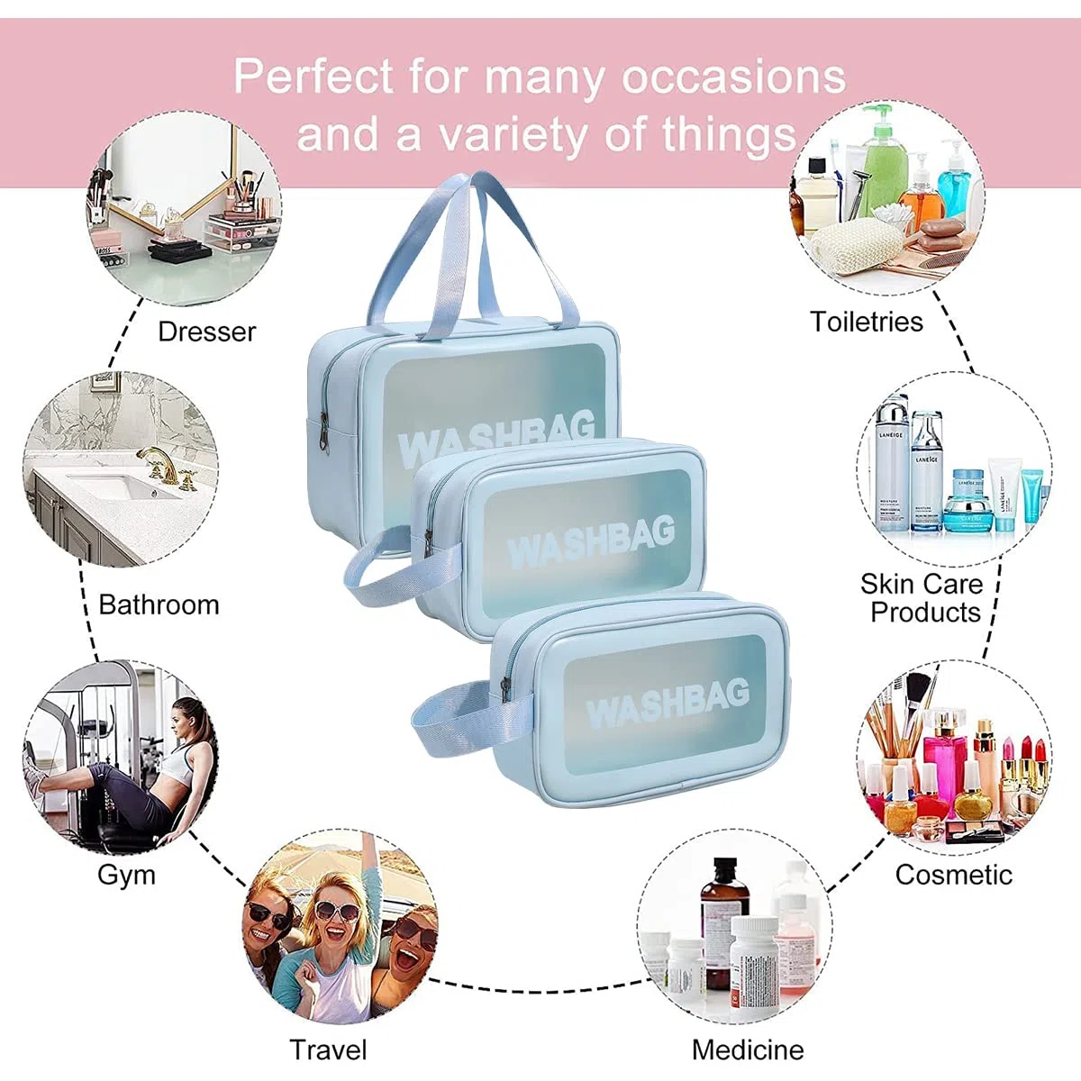 LEcylankEr Kosmetiktasche Transparent 3 Stück Make-up Tasche Wasserdicht Transparent kulturbeutel Reise Set (Blau)