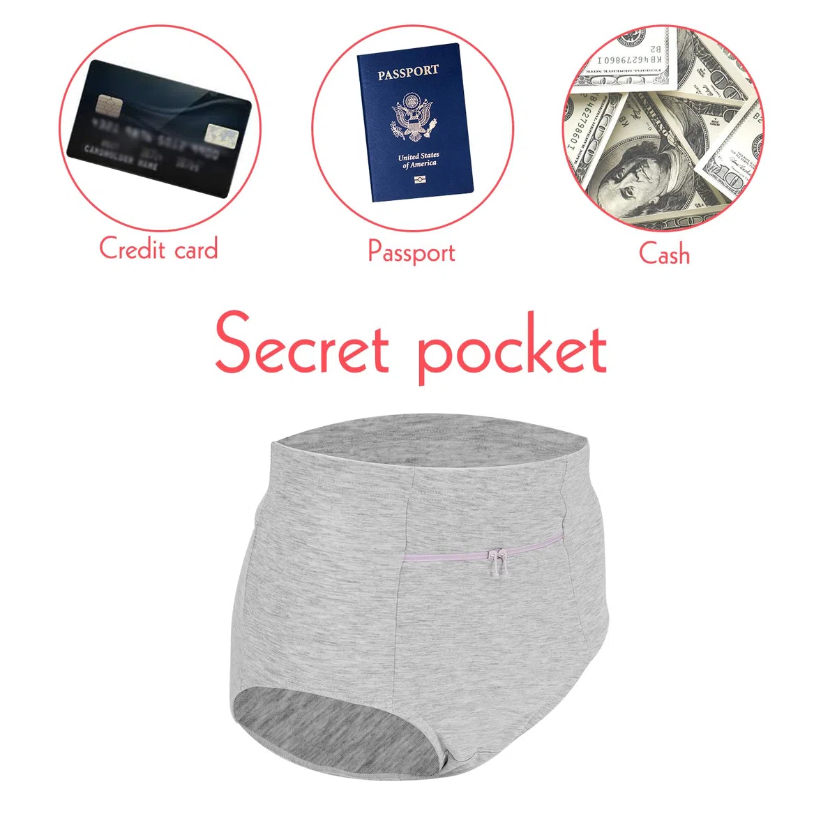 LUWOO Damenunterwäsche mit Geheimtasche, Unterhosen, Reise-Damenunterwäsche, Taillenslip, Höschen