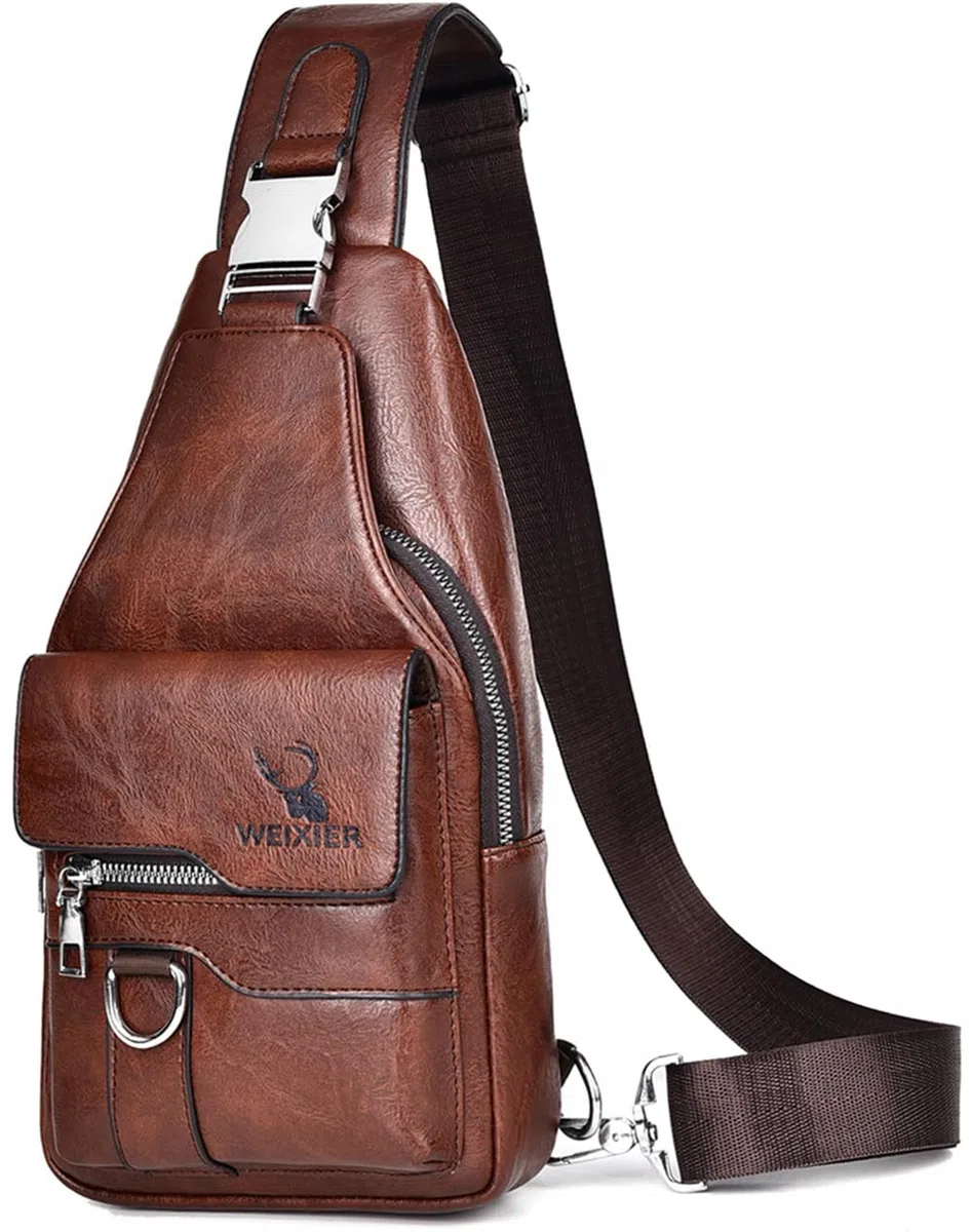 Sling Tasche für Herren,Leder Brusttasche,Wasserdichte Schultertaschen,Lässige leichte Tasche,Handy,Crossbody für Wandern,Radfahren,Camping (Dunkelbraun)