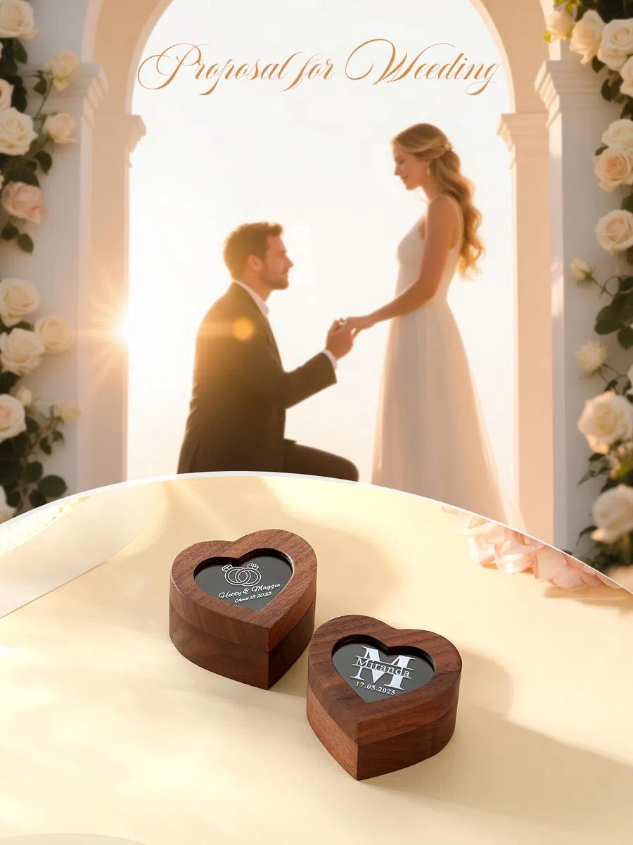 Custom4U Personalisierte Eheringbox, Einzel/Doppelnut, Herz/Quadrat/Rechteck/Oval-Ringhalter aus Walnussholz für Braut und Freundin, gravierte Schmuckschatulle für Heiratsanträge, Jubiläen, Zeremonien