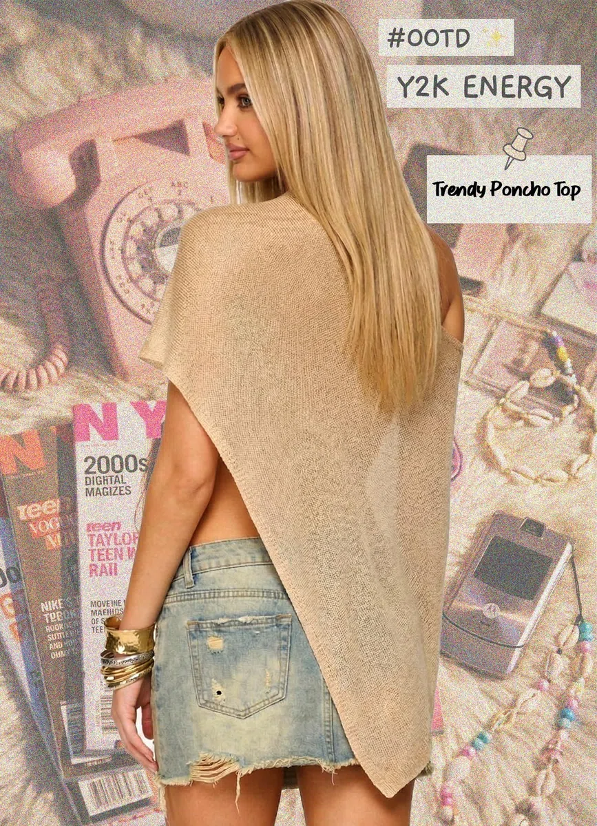 Navneet Damen Off Shoulder Mesh Oberteil Strick Poncho Cover Up Asymmetrisch Cape Strand Sommer Festival Party