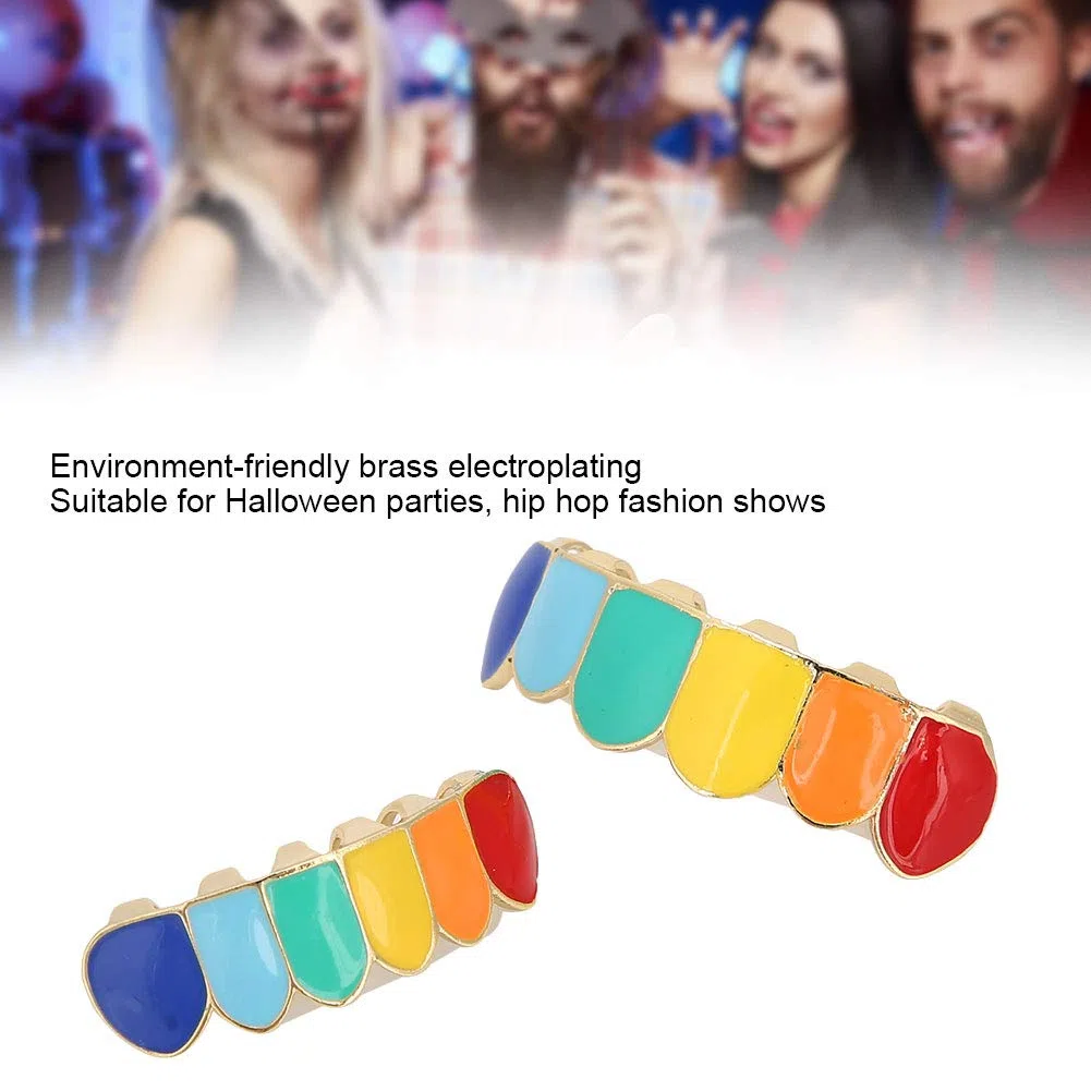 Hip Hop GrillzTeeth, coole, praktische, mehrfarbige Grillz-Zähne aus Messing, umweltfreundlich für Damen Herren(Farbenfroher goldener Anzug)