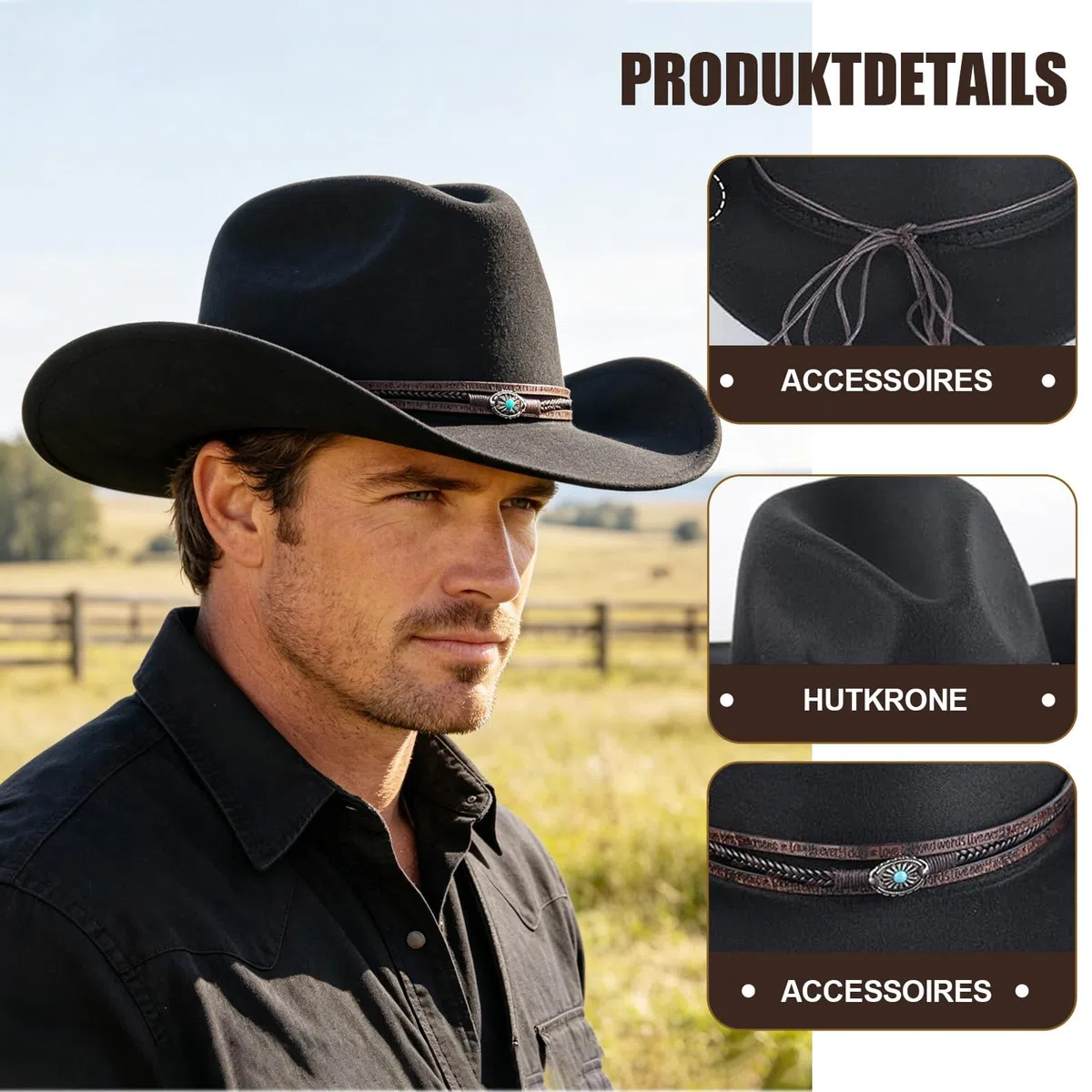 SIGONE Unisex Western Cowboy Filzhut Schwarz, Outdoorhut mit Breitem Rand & Verstellbarem Rückenband, Klassischer Hut für Männer Frauen Outdoor-Aktivitäten