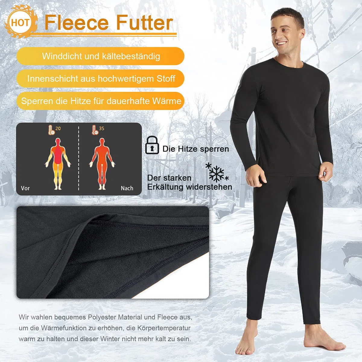 SIMIYA Herren Thermounterwäsche Set, warme Unterwäsche mit Innenfleece, Ultraleicht Oberteil und Unterteil mit Eingriff Langarm Funktionsunterwäsche Rundhals Skiunterwäsche für Winter