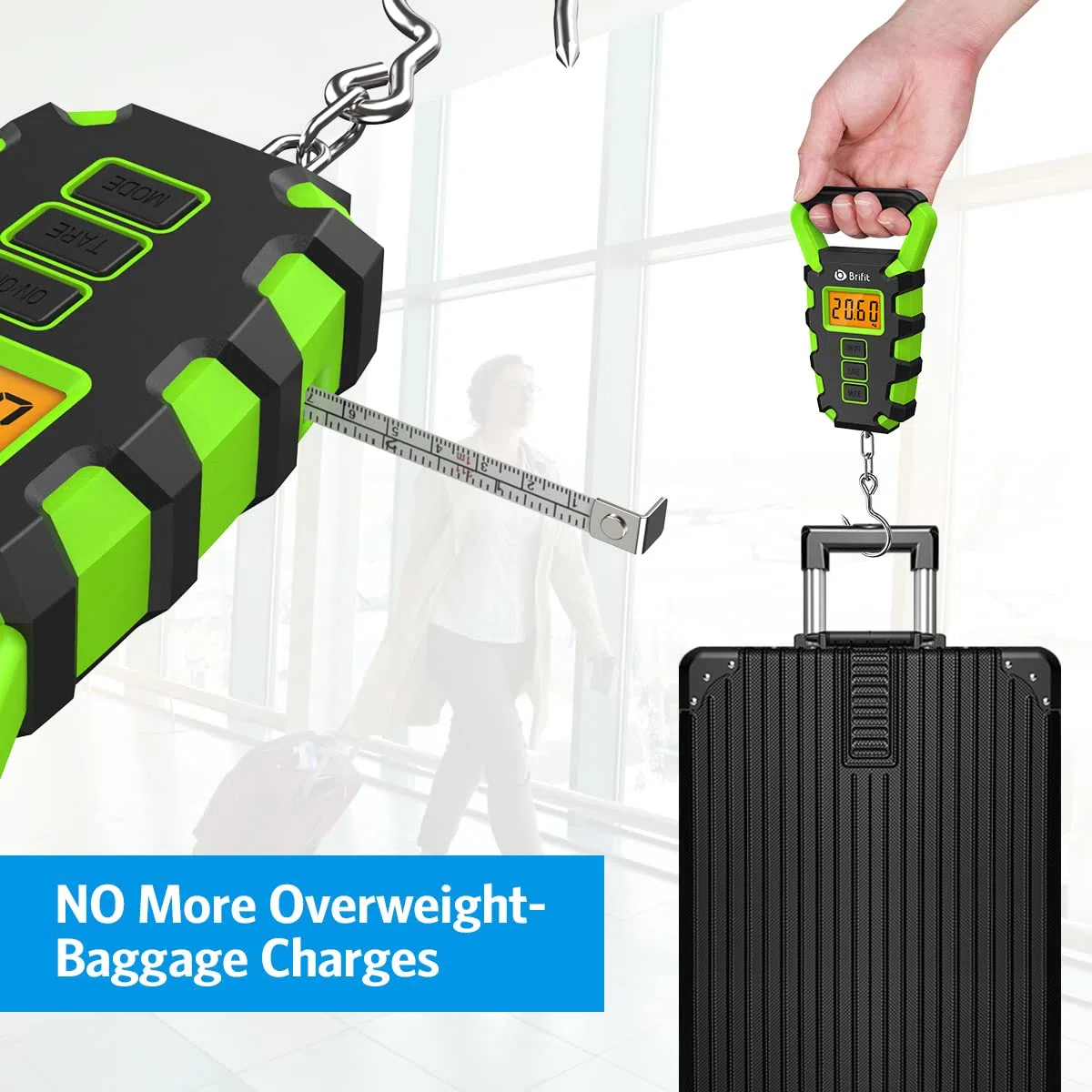 Brifit Digitale Kofferwaage, 50 kg Digitale Fischwaage mit Angelhaken, Gepäckwaage, IPX4 wasserdichte Hängewaage mit Maßband, Hintergrundbeleuchtung LCD-Anzeige, 2 AAA Batterien enthalten (Grün)