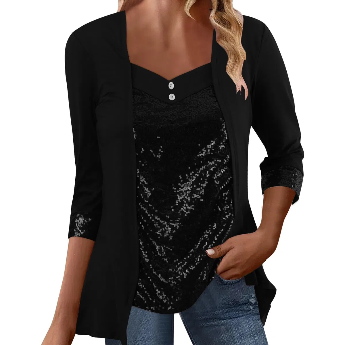 Glitzer Oberteile Damen Elegant T Shirt Langarm Pailetten Bluse Festlich Patchwork mit Knöpfen V Ausschnitt Langarmshirt Tunika Top Longshirt Blusenshirt Blusen & Tuniken für Damen