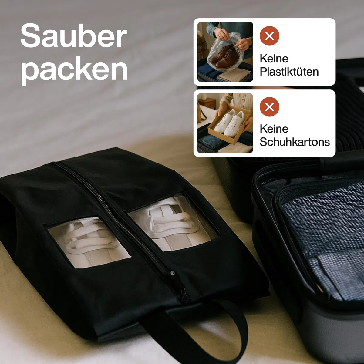 TRAVEL DUDE Schuhtaschen 2er Set | schwarz | mit transparentem Fenster | wasserabweisend, Ultraleicht & staubdicht | Schuhbeutel für kleine & große Schuhgrößen | zum Aufbewahren im Koffer