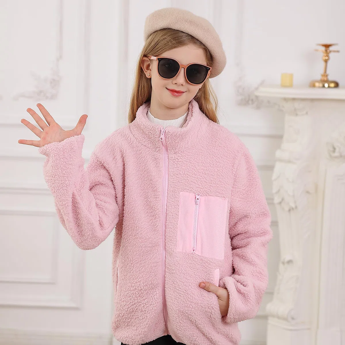 ALISISTER Fleecejacke Mädchen Jungen Sherpa Herbst Winter durchgehender Reißverschluss Flauschiger Mantel Oberbekleidung mit Taschen für 5–12 Jahre