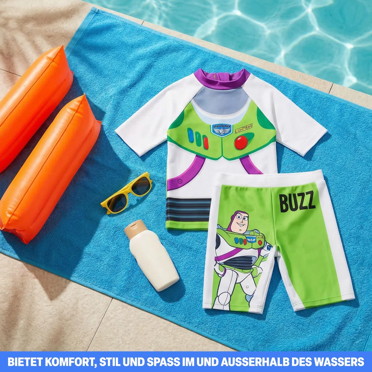 Toy Story Buzz Lightyear | Woody Schwimmanzug Kinder Jungen Badeanzug Set Zweiteilig, Schwimmshirt & Badehose, Urlaub Zubehör, Geschenke für Jungs