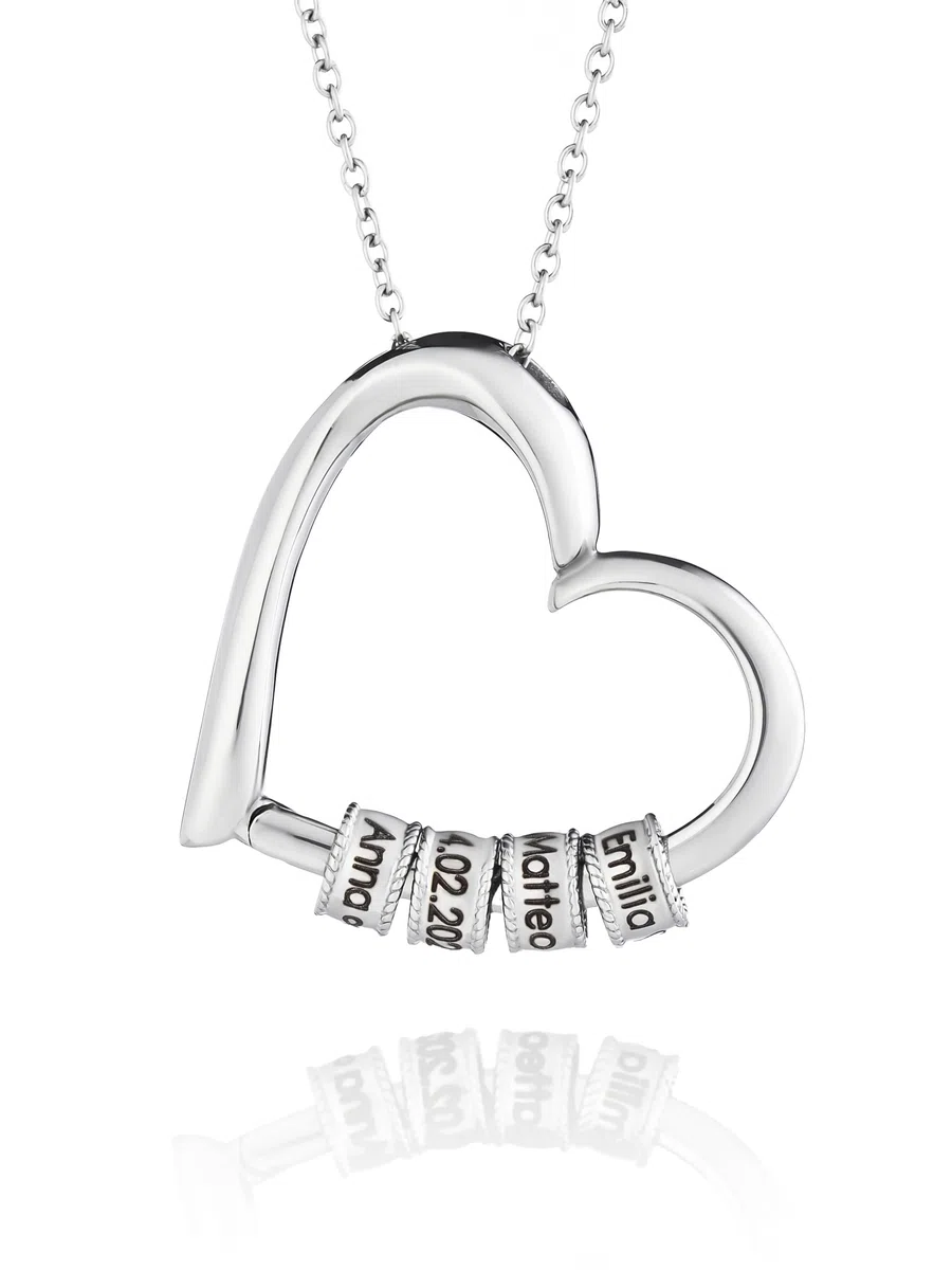 Herzkette mit gravierten Perlen – Personalisierte Namenskette als Geschenk für Frauen & Mama – Damen Halskette aus Edelstahl mit Gravur