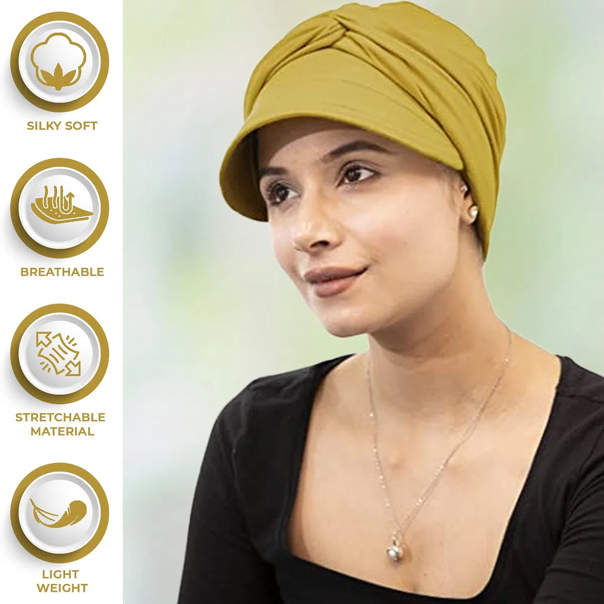 Ballonmütze für Frauen, Chemo Kopfbedeckung, Bambus Turban, Visier und abnehmbares Band (2 Stück), 95% Bambus Viskose und 05% Elastan (groß)