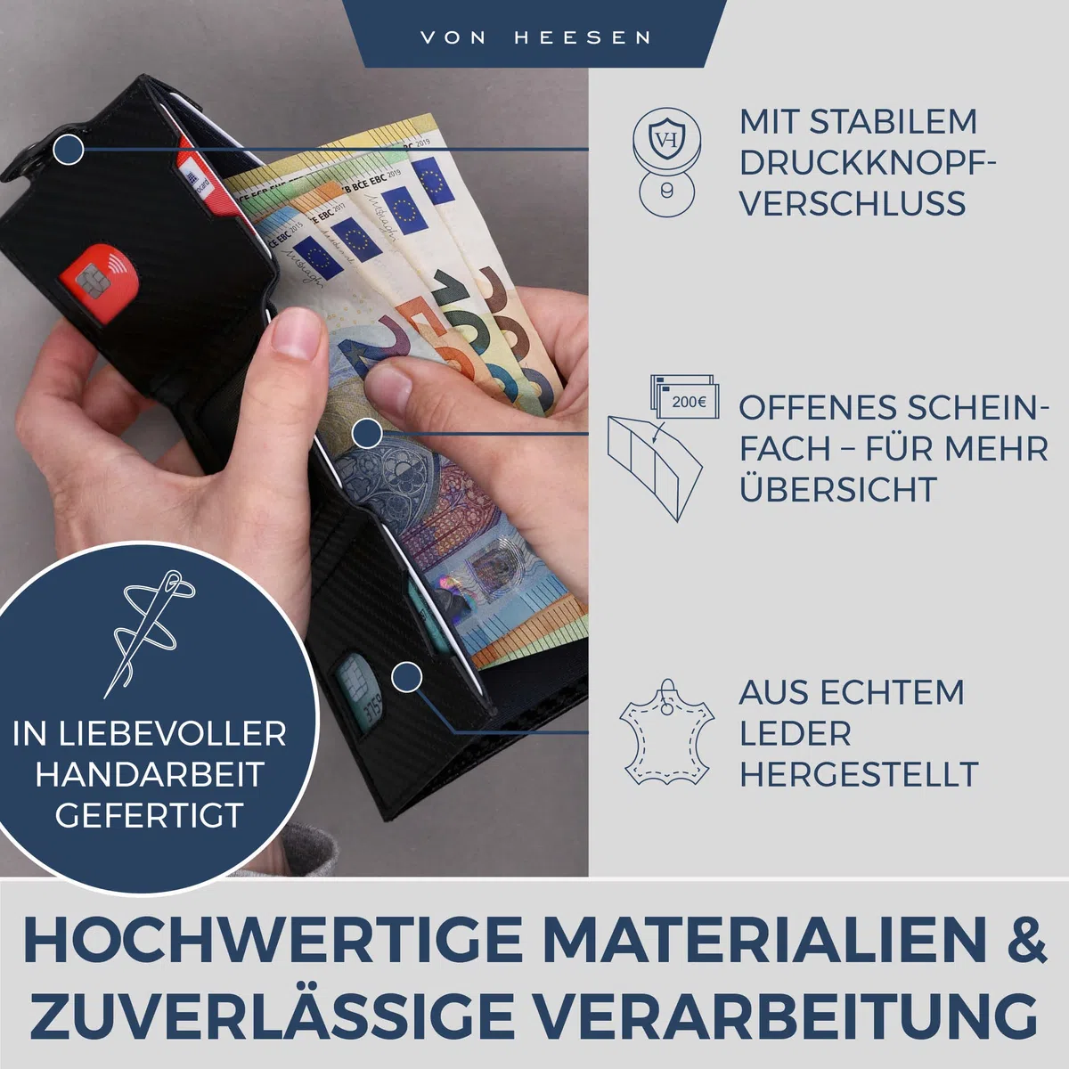 VON HEESEN Slim Wallet mit Münzfach & RFID Schutz Geldbörse Herren Damen Kartenetui Mini Portmonee Carbon-Schwarz