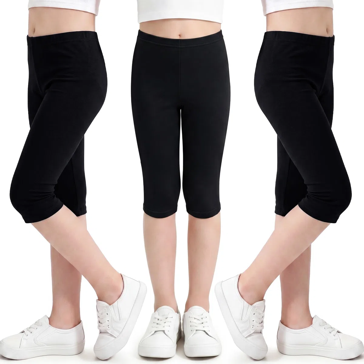 Capri Leggings Mädchen Modal 3er Pack 3/4 Kurze Radlerhose Kinder Elastische Atmungsaktiv Sporthose Weiche Bequeme Caprihose Einfarbige Activewear Sommerhose 4-11 Jahre, GR. 104-146