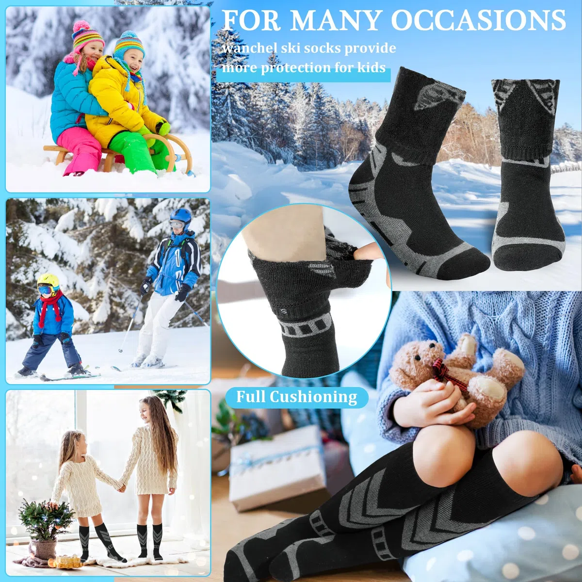 Warme Kinder Skisocken - 2 Paar aus Merinowolle und Baumwolle gefertigte Skisocken, Knielange Winter-Wärme Snowboard-Thermo-Socken für Jungen, Mädchen und Kleinkinder