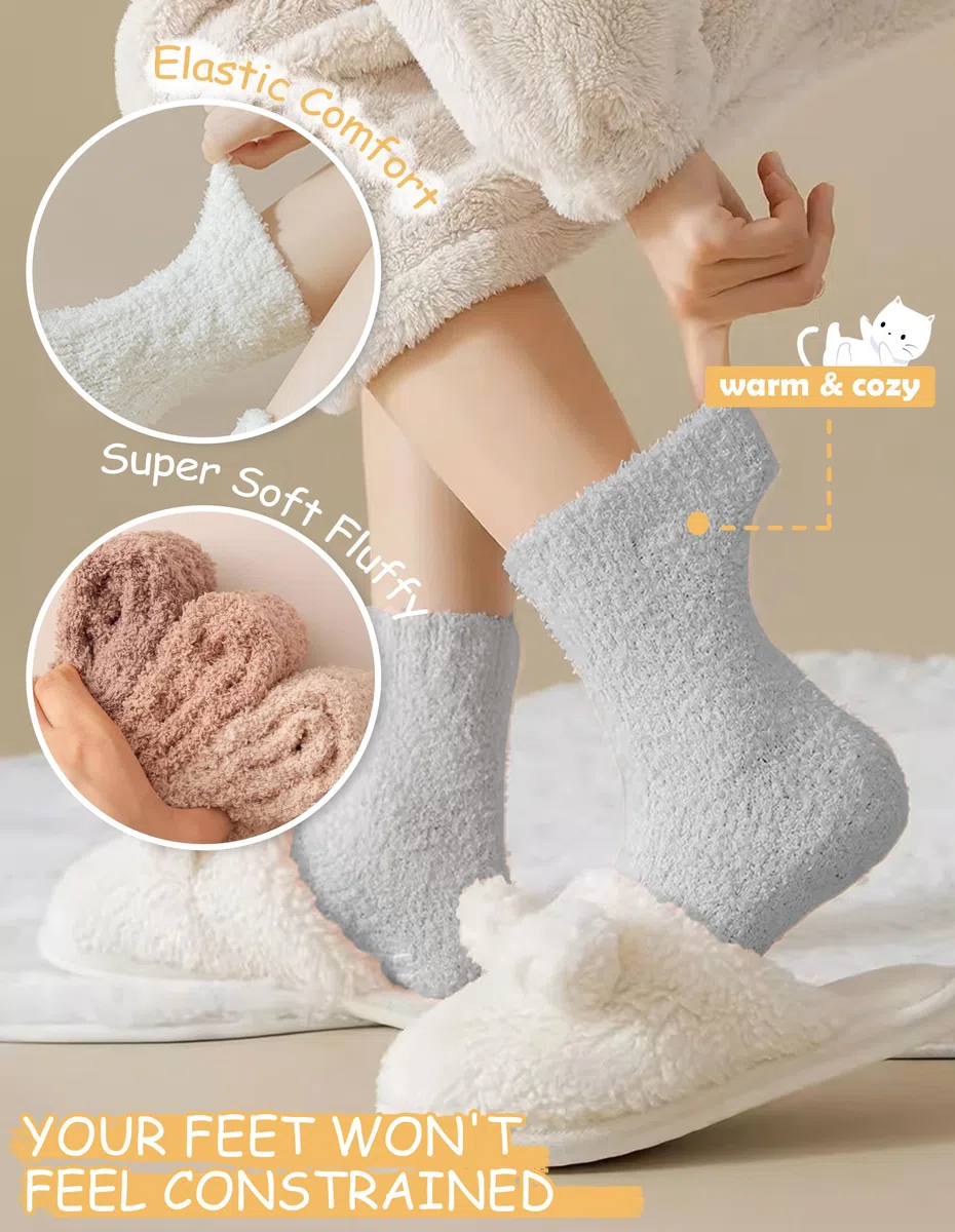 Josnown Kuschelsocken Damen Flauschige Socken aus Korallenfleece Winter Dicke Warme Haussocken 5 Paar Kuschlige Bettsocken Schlafsocken Größe 35-41