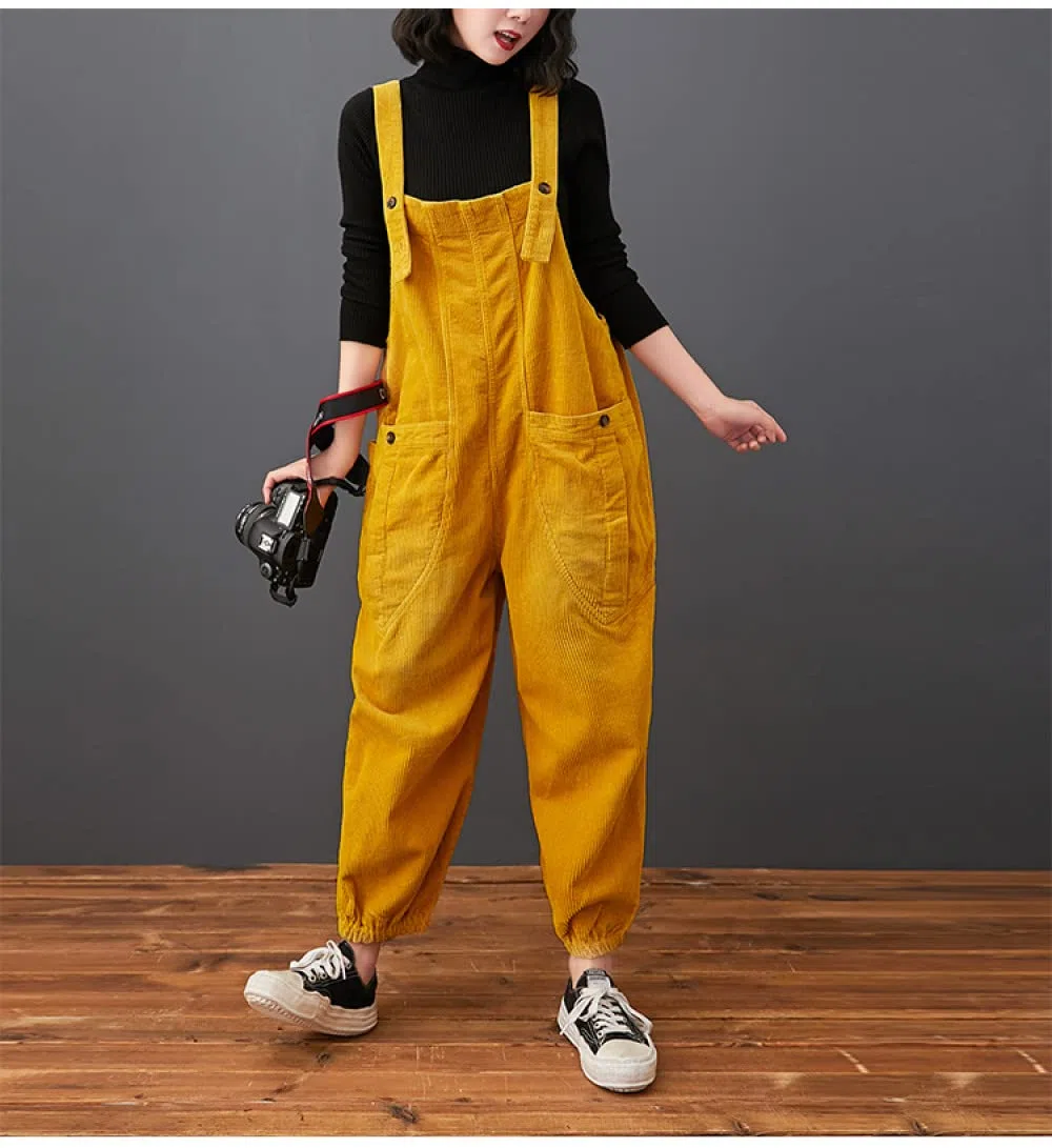 Damen Latzhose - Frauen Herbst Winter Gelb Cord Overalls Lose Plus Größe Strampler Tasche Breites Bein Overalls Für Outdoor Hosen Streetwear