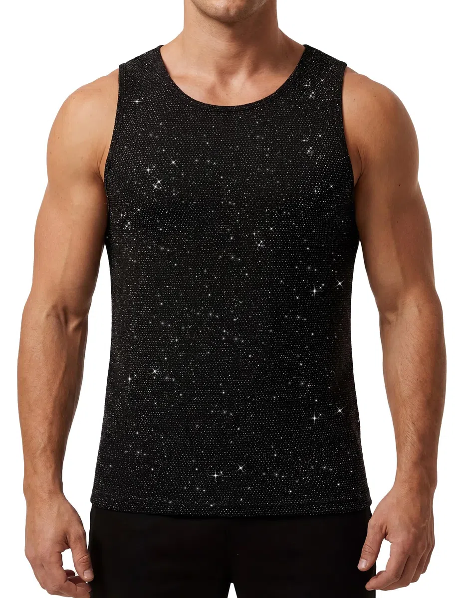 AIEOE Herren Glitzer Tank Top Muskelshirt Shiny Netzshirt Ärmelloses Oberteil Rundhals Sexy Clubwear Party Outfit für Disco Bar Festival