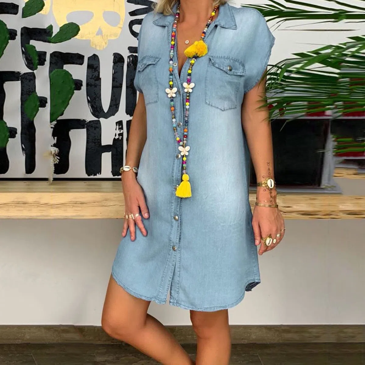 Jeanskleid Damen Sommer Lang Casual Locker Hemdkleid Denim Kleid A-Linie Knielang Shirtkleid Strandkleid Kurzarm Sommerkleid Blusenkleid Oversize Baumwolle Partykleid