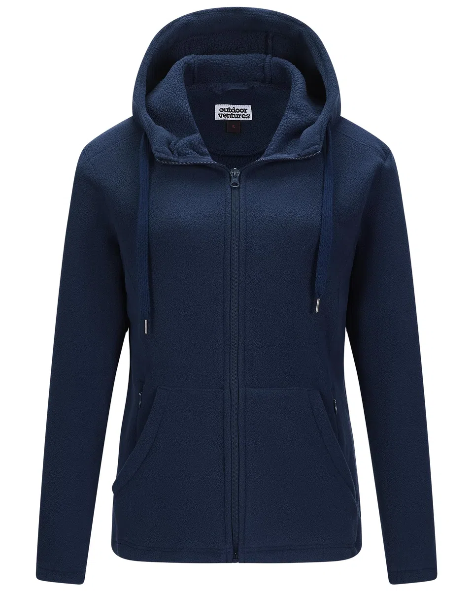 Outdoor Ventures Damen Fleecejacke mit Reißverschluss Hoodie Warm Kapuzenjacke 6 Taschen Wandern