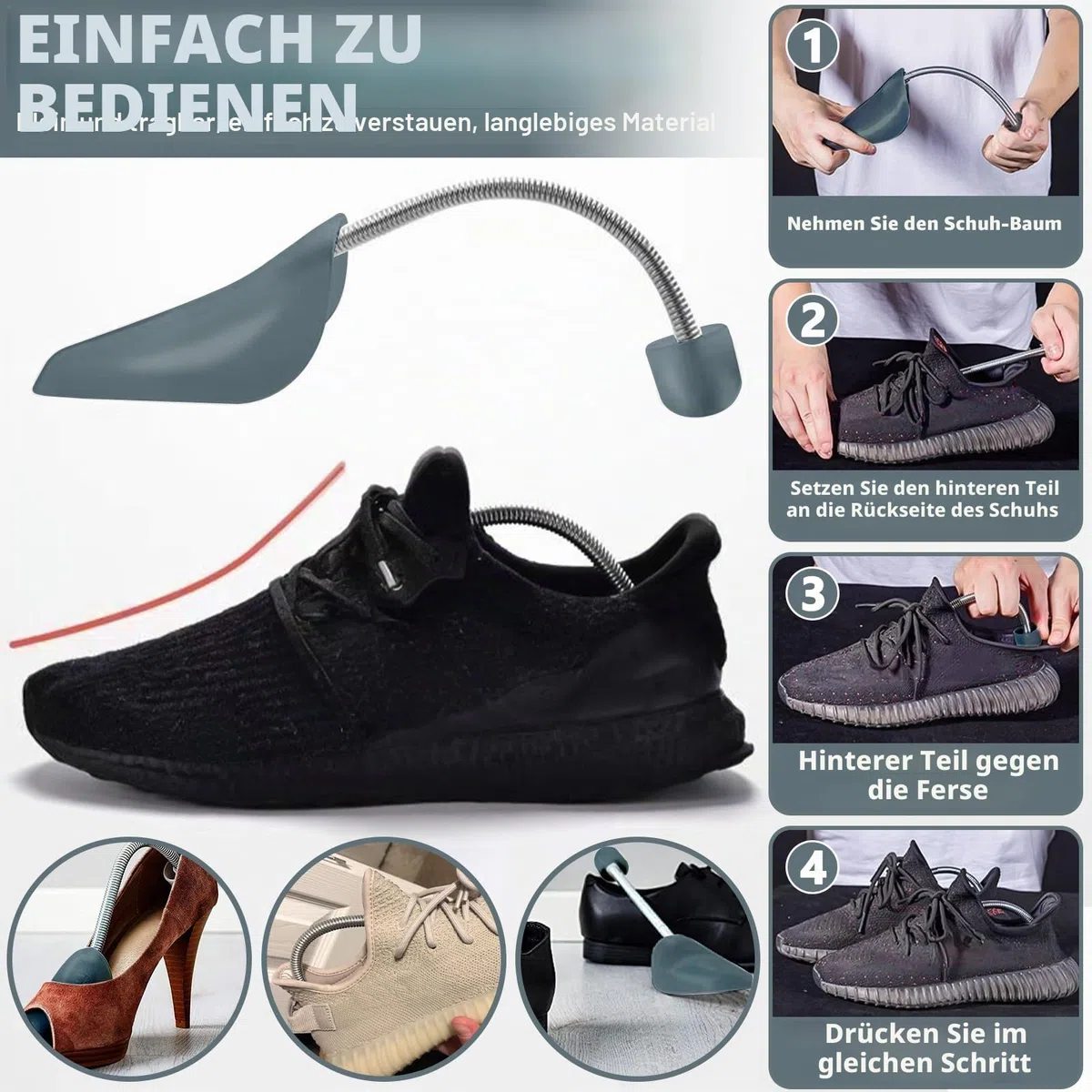 5 Paar Schuhstrecker - Schuhformer aus Kunststoff, Praktische verstellbare Schuhspanner für Herren und Damen mit Metall-Spiralfeder, Grau