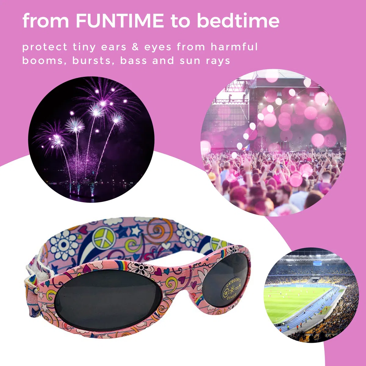 BANZ Ohrenschützer mit Gehörschutz und Sonnenbrille für Babys und Kleinkinder (Kombipaket) rosa-Gekritzel